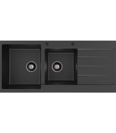 Kuro Granite 32L/22L Double Kitchen Sink with Drainer, Left Bowl, 2 Tap Holes, Matte Black