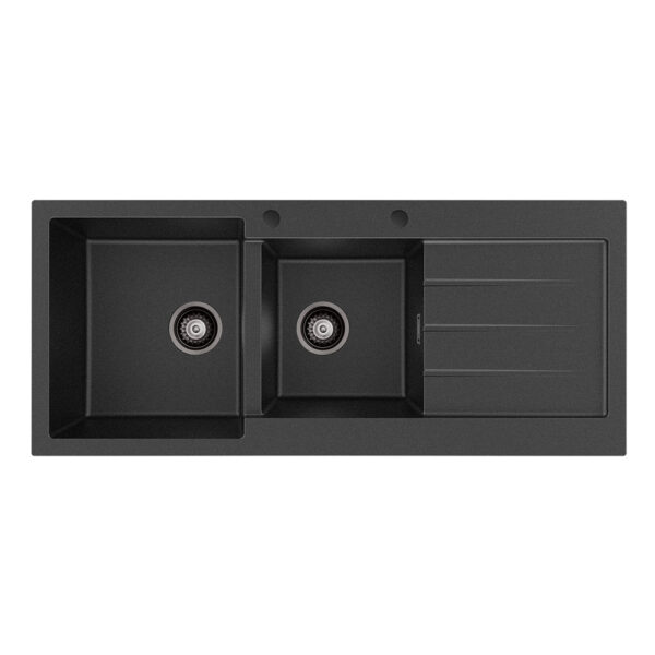 Kuro Granite 32L/22L Double Kitchen Sink with Drainer, Left Bowl, 2 Tap Holes, Matte Black