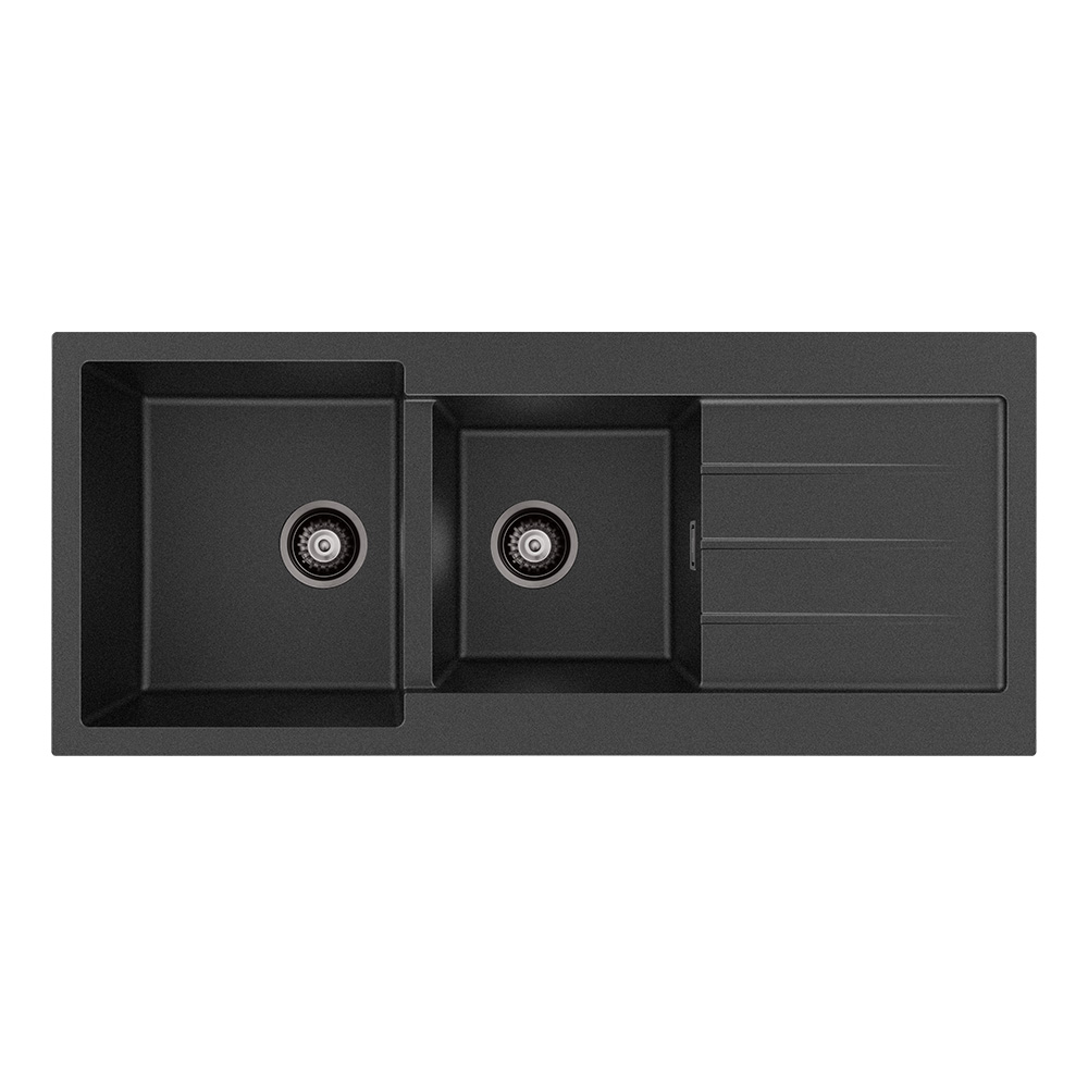 Kuro Granite 32L/22L Double Kitchen Sink with Drainer, Matte Black