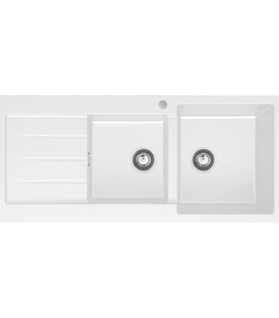 Kuro Granite 32L/22L Double Kitchen Sink with Drainer, Right Bowl, 1 Tap Hole, Matte White