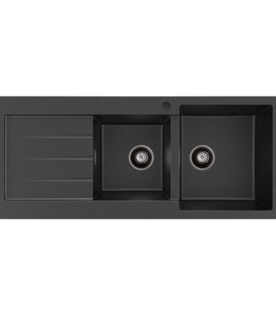 Kuro Granite 32L/22L Double Kitchen Sink with Drainer, Right Bowl, 1 Tap Hole, Matte Black
