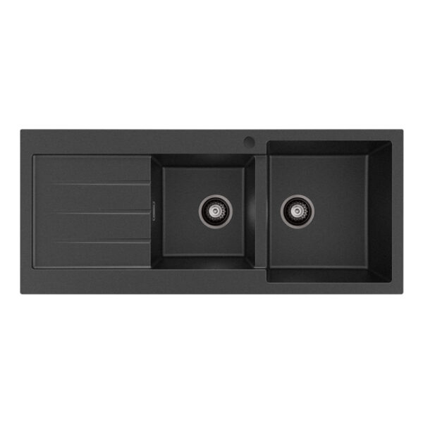 Kuro Granite 32L/22L Double Kitchen Sink with Drainer, Right Bowl, 1 Tap Hole, Matte Black