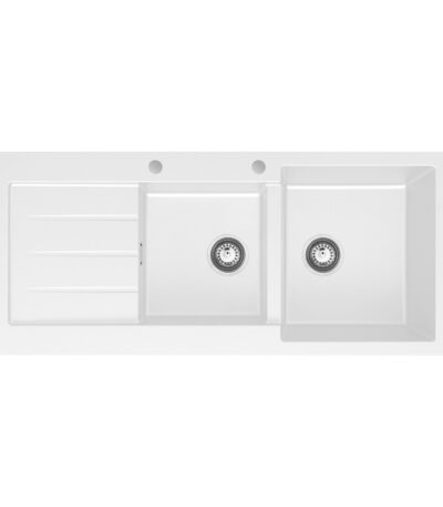 Kuro Granite 32L/22L Double Kitchen Sink with Drainer, Right Bowl, 2 Tap Holes, Matte White