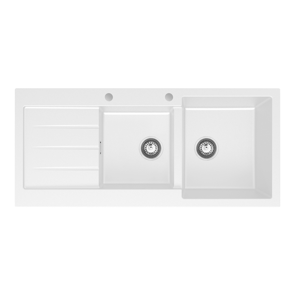 Kuro Granite 32L/22L Double Kitchen Sink with Drainer, Right Bowl, 2 Tap Holes, Matte White