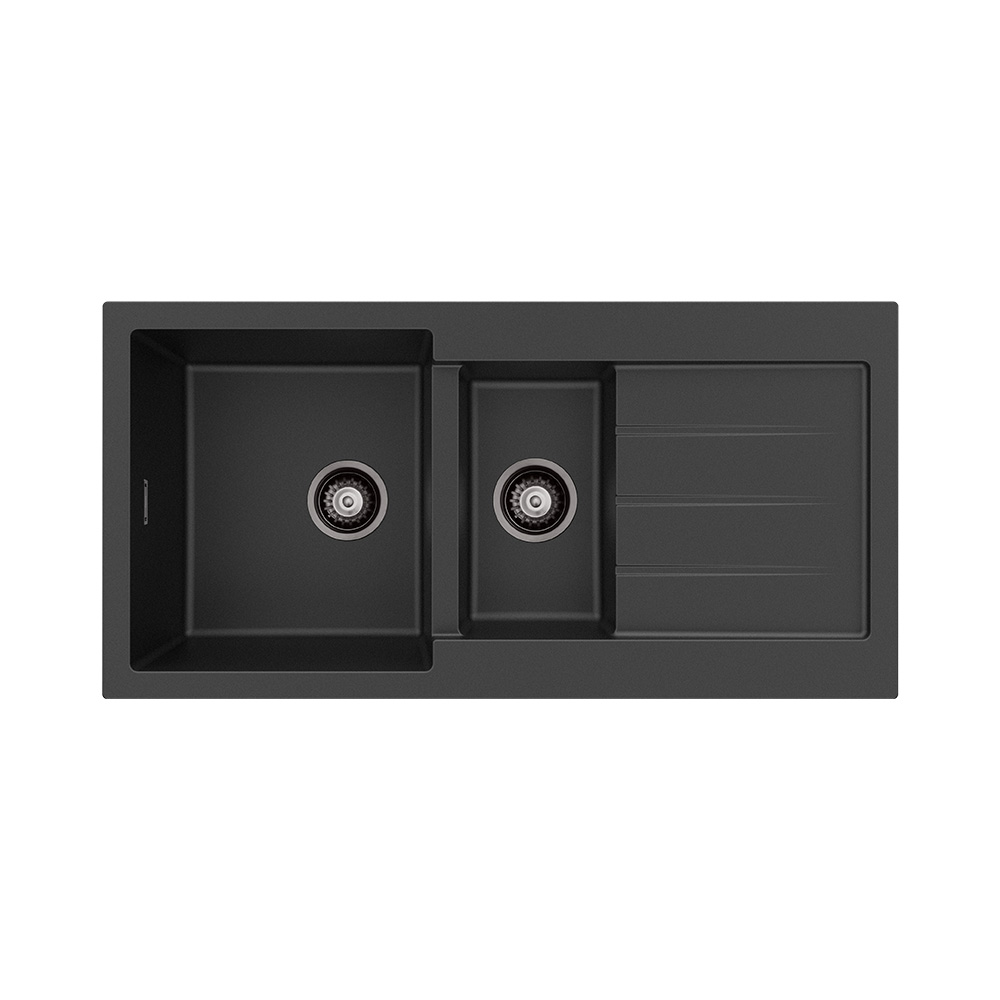 Kuro Granite32L/14L Double Kitchen Sink with Drainer, Matte Black
