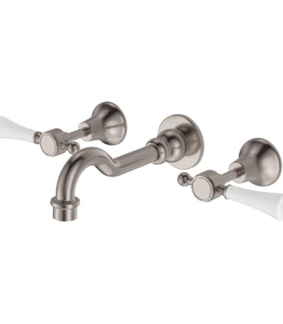 Lillian Lever Basin/Bath Wall Set, Brushed Nickel with Ceramic White Handle