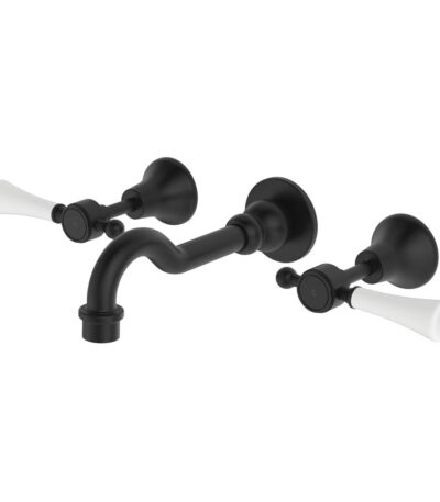Lillian Lever Basin/Bath Wall Set, Matte Black with Ceramic White Handle