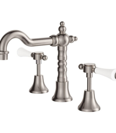 Lillian Lever Basin Set, Brushed Nickel with Ceramic White Handle