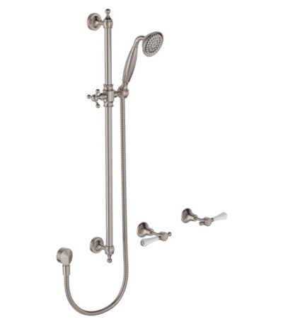 Lillian Lever Rail Shower Set, Brushed Nickel with Ceramic White Handle