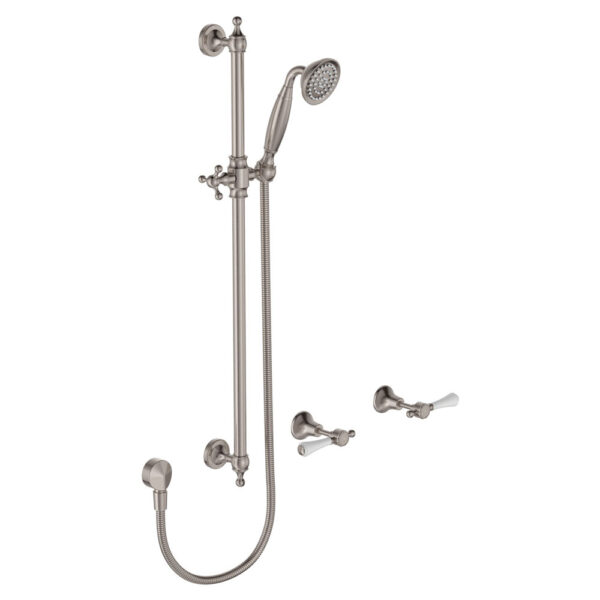 Lillian Lever Rail Shower Set, Brushed Nickel with Ceramic White Handle