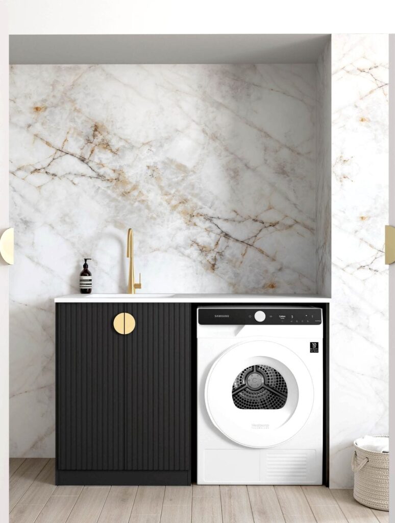 Marlo Black Base Laundry Cabinet with Stone Top and Sink 1300x600x900
