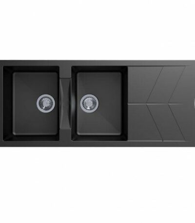 Matt Black Carysil Jazz D-200 Double Bowl with Drain Board Stone Kitchen Sink - 1150x500mm | TWMD-200J