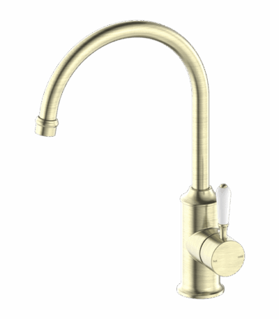 Nero York Kitchen Mixer Gooseneck Spout With White Porcelain Lever Aged Brass | NR69210601AB