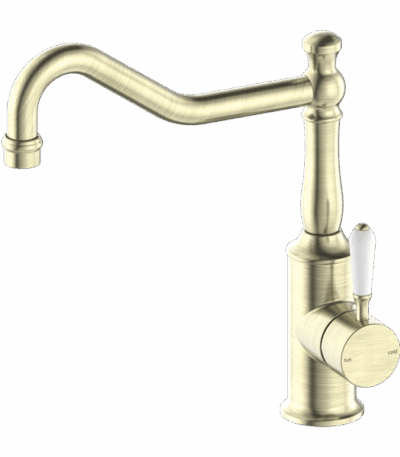 Nero York Kitchen Mixer Hook Spout With White Porcelain Lever Aged Brass | NR69210701AB