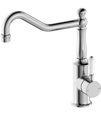 Nero York Kitchen Mixer Hook Spout With White Porcelain Lever Chrome | NR69210701CH