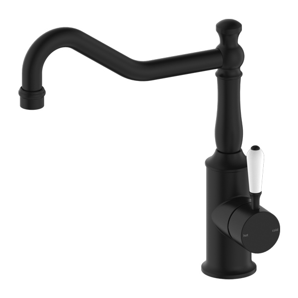 Nero York Kitchen Mixer Hook Spout With White Porcelain Lever Matte Black | NR69210701MB