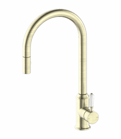Nero York Pull Out Sink Mixer With Vegie Spray Function With White Porcelain Lever Aged Brass | NR69210801AB