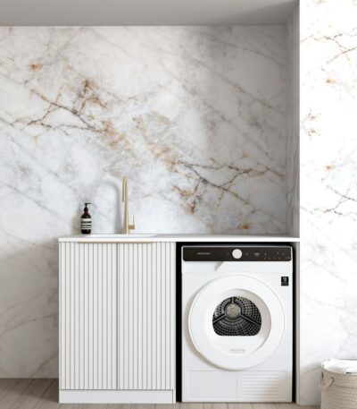 Noosa Fluted White Base Laundry Cabinet with 1300mm Cloudy Carrara Top