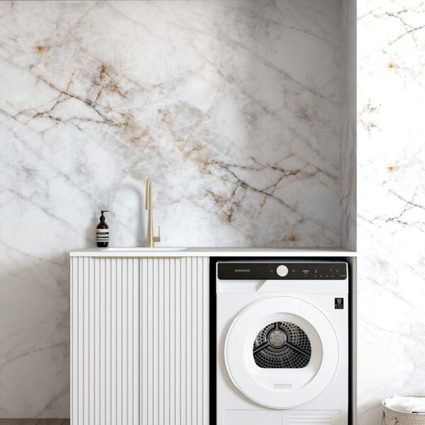 Noosa Fluted White Base Laundry Cabinet with 1300mm Cloudy Carrara Top