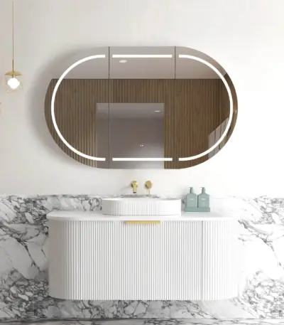 OTTI BO1200W BONDI FLUTED CURVE WALL HUNG VANITY 1200 SATIN WHITE - Urban Designs Bathroom and Kitchen