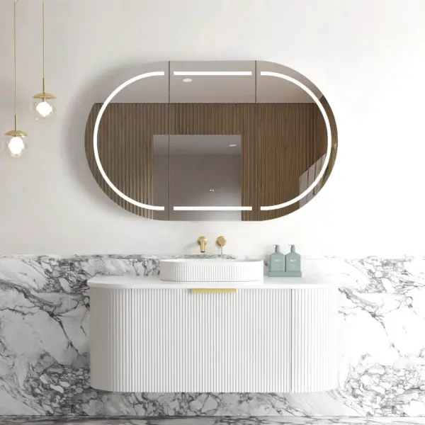 OTTI BO1200W BONDI FLUTED CURVE WALL HUNG VANITY 1200 SATIN WHITE - Urban Designs Bathroom and Kitchen