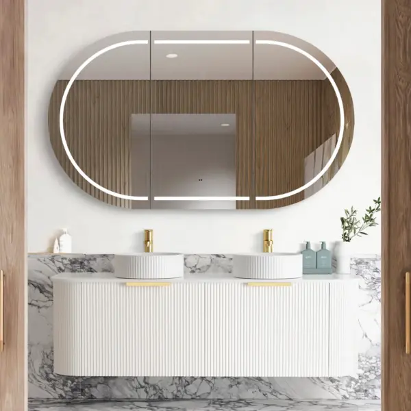 OTTI BO1500W BONDI FLUTED CURVE WALL HUNG VANITY 1500 SATIN WHITE - Urban Designs Bathroom and Kitchen