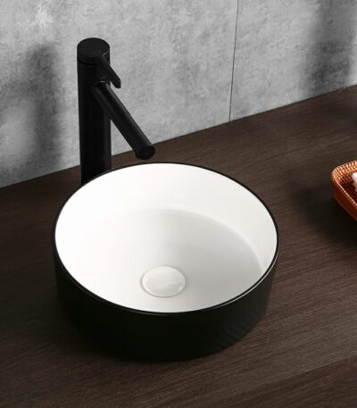 Polar - 360mm Matte Black & Matte White Arrow Round Textured Exterior Ceramic Above Counter Basin - CLA-524BS-TMB