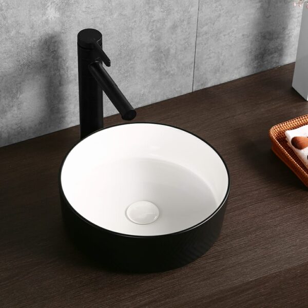 Polar - 360mm Matte Black & Matte White Arrow Round Textured Exterior Ceramic Above Counter Basin - CLA-524BS-TMB