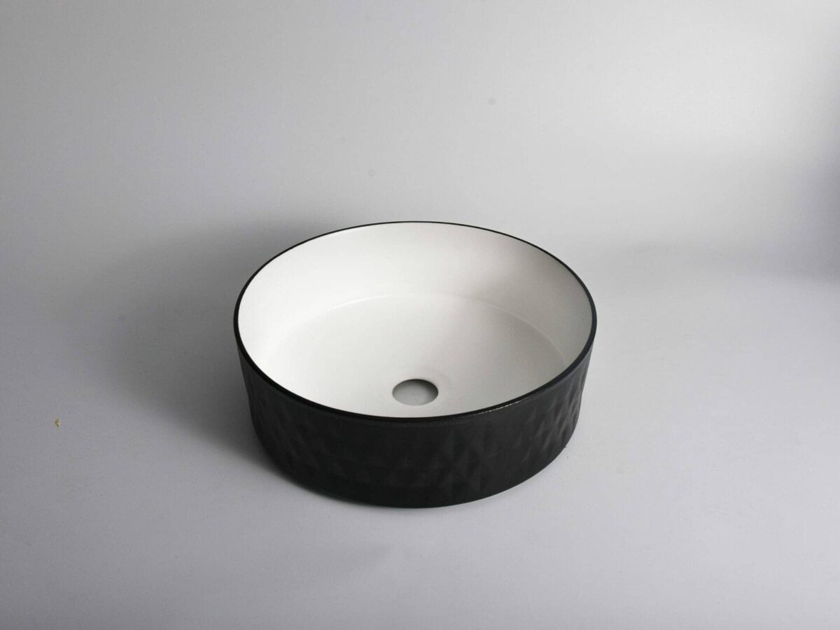 Polar - 360mm Matte Black & Matte White Diamond Round Textured Exterior Ceramic Above Counter Basin | 360x360x120mm | CLA-524BR-TMB