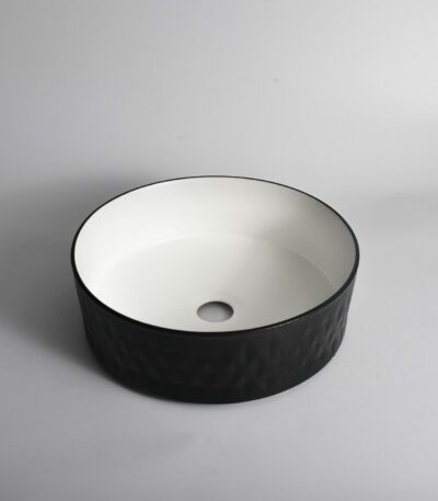 Polar - 360mm Matte Black & Matte White Diamond Round Textured Exterior Ceramic Above Counter Basin | 360x360x120mm | CLA-524BR-TMB