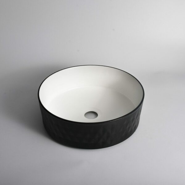 Polar - 360mm Matte Black & Matte White Diamond Round Textured Exterior Ceramic Above Counter Basin | 360x360x120mm | CLA-524BR-TMB
