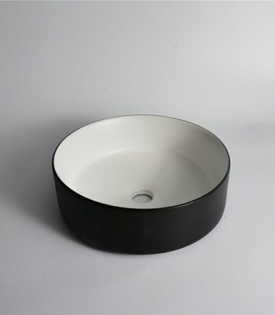 Polar - 360mm Matte Black & Matte White Round Textured Exterior Ceramic Above Counter Basin | 360x360x120mm | CLA-524B-TMB