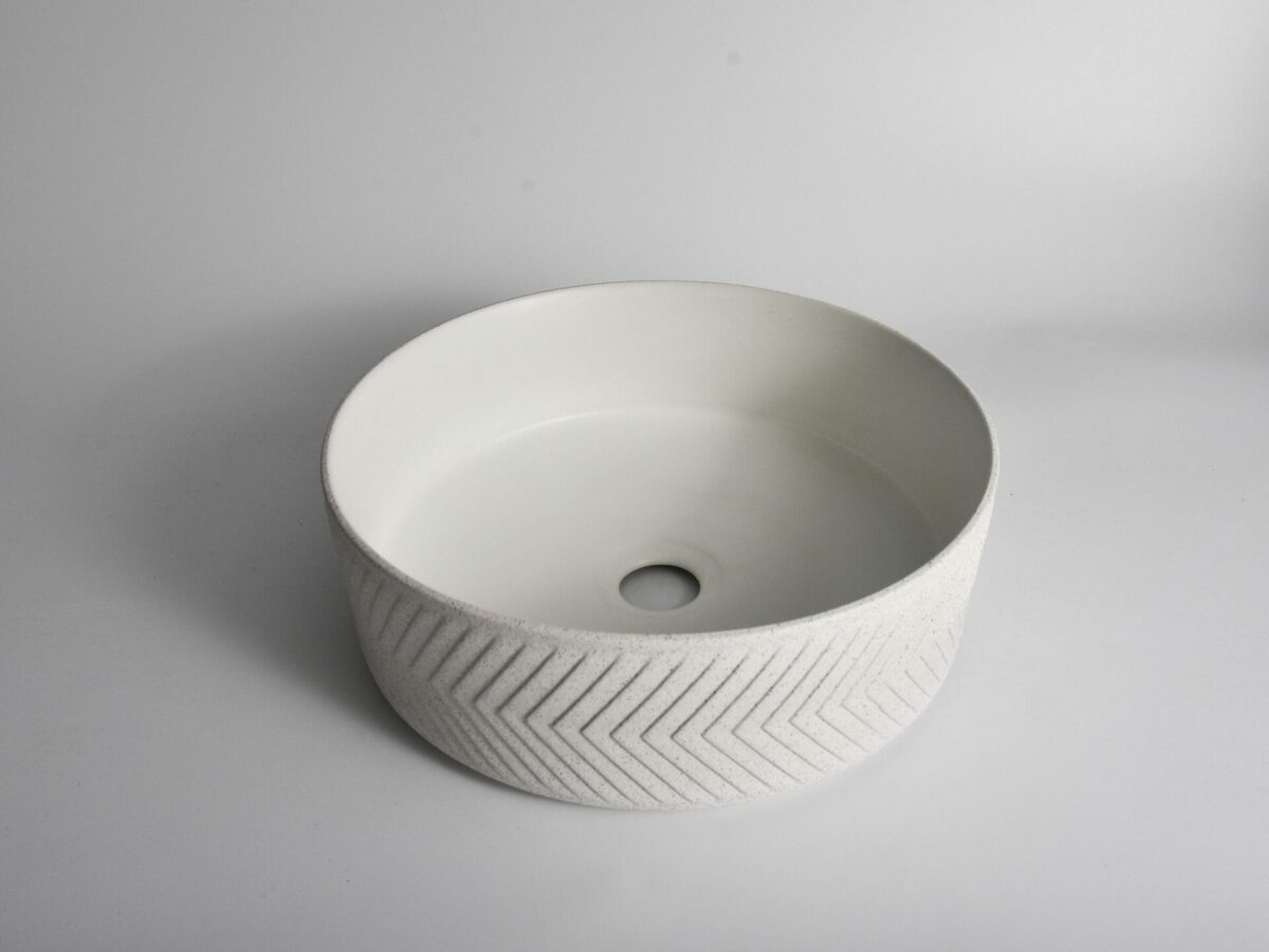 Polar - 360mm Matte White Arrow Round Textured Exterior Ceramic Above Counter Basin | 360x360x120mm | CLA-524BS-TMW