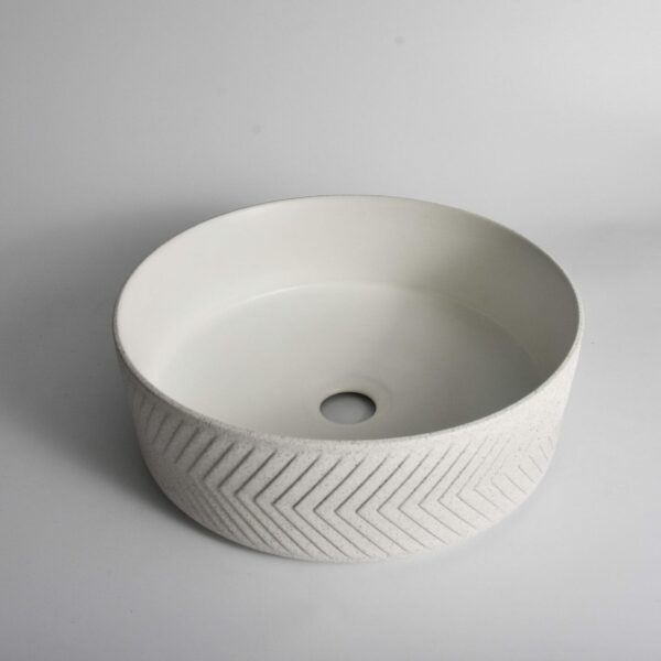 Polar - 360mm Matte White Arrow Round Textured Exterior Ceramic Above Counter Basin | 360x360x120mm | CLA-524BS-TMW