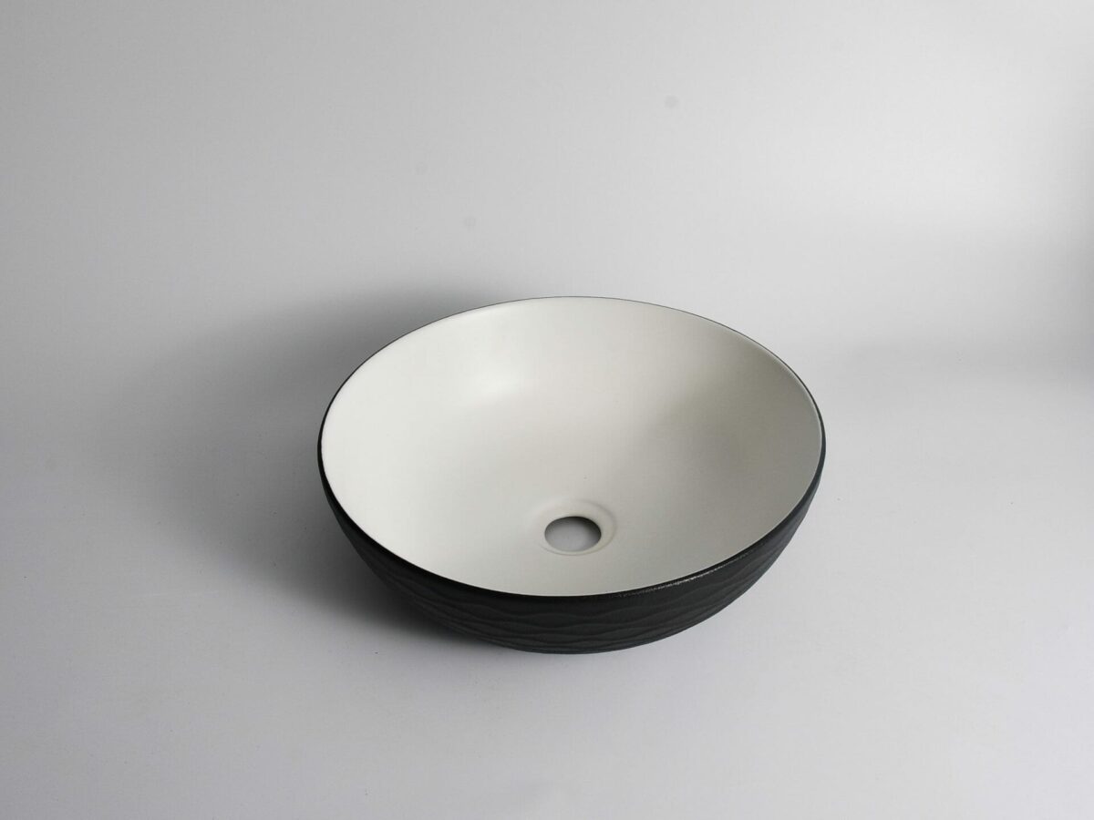 Polar - 400mm Matte Black & Matte White Wavy Round Textured Exterior Ceramic Above Counter Basin | 400x400x130mm | CLA-435W-TMB