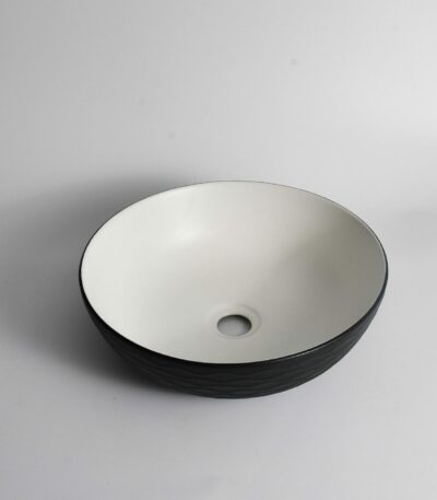 Polar - 400mm Matte Black & Matte White Wavy Round Textured Exterior Ceramic Above Counter Basin | 400x400x130mm | CLA-435W-TMB