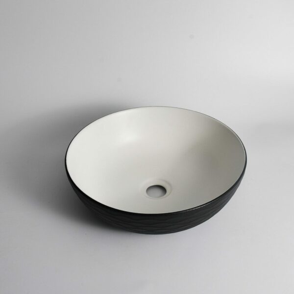 Polar - 400mm Matte Black & Matte White Wavy Round Textured Exterior Ceramic Above Counter Basin | 400x400x130mm | CLA-435W-TMB