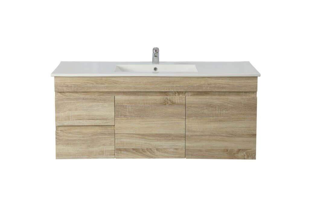 POSEIDON B124LW-WO BERGE MDF WALL HUNG VANITY LEFT SIDE DRAWERS 1190*500*450MM WHITE OAK - Urban Designs Bathroom and Kitchen