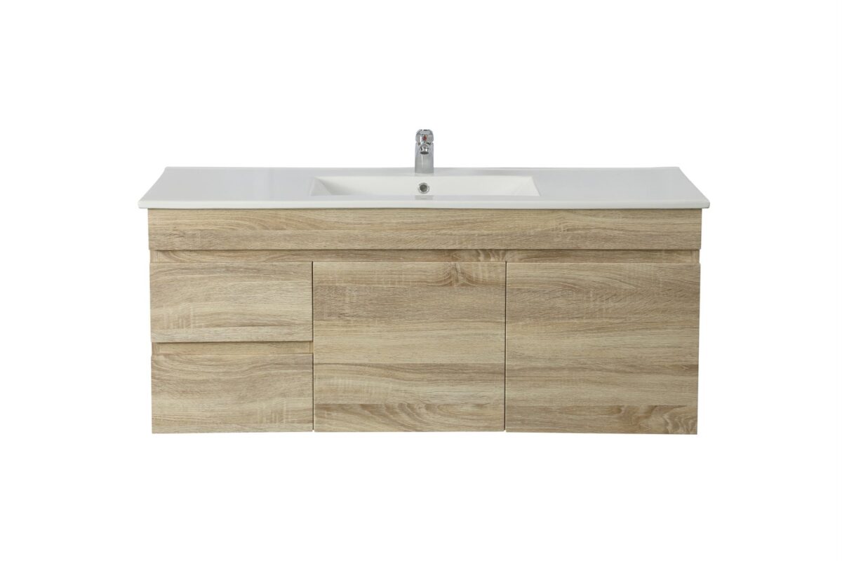 POSEIDON B124LW-WO BERGE MDF WALL HUNG VANITY LEFT SIDE DRAWERS 1190*500*450MM WHITE OAK - Urban Designs Bathroom and Kitchen