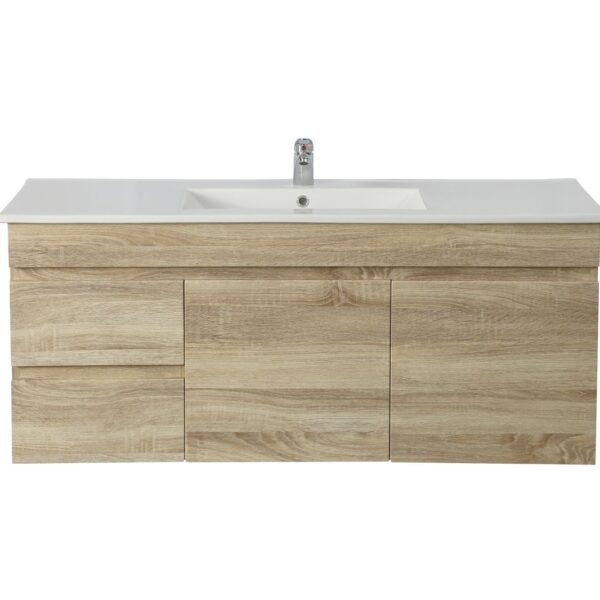 POSEIDON B124LW-WO BERGE MDF WALL HUNG VANITY LEFT SIDE DRAWERS 1190*500*450MM WHITE OAK - Urban Designs Bathroom and Kitchen
