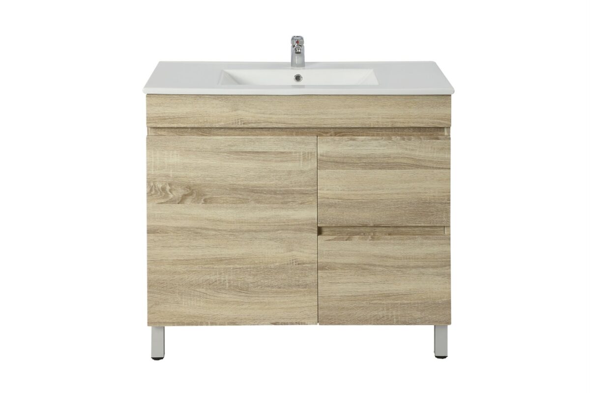 POSEIDON B73RL-WO BERGE SLIM MDF FLOOR STANDING VANITY RIGHT SIDE DRAWERS 740*830*350MM WHITE OAK - Urban Designs Bathroom and Kitchen