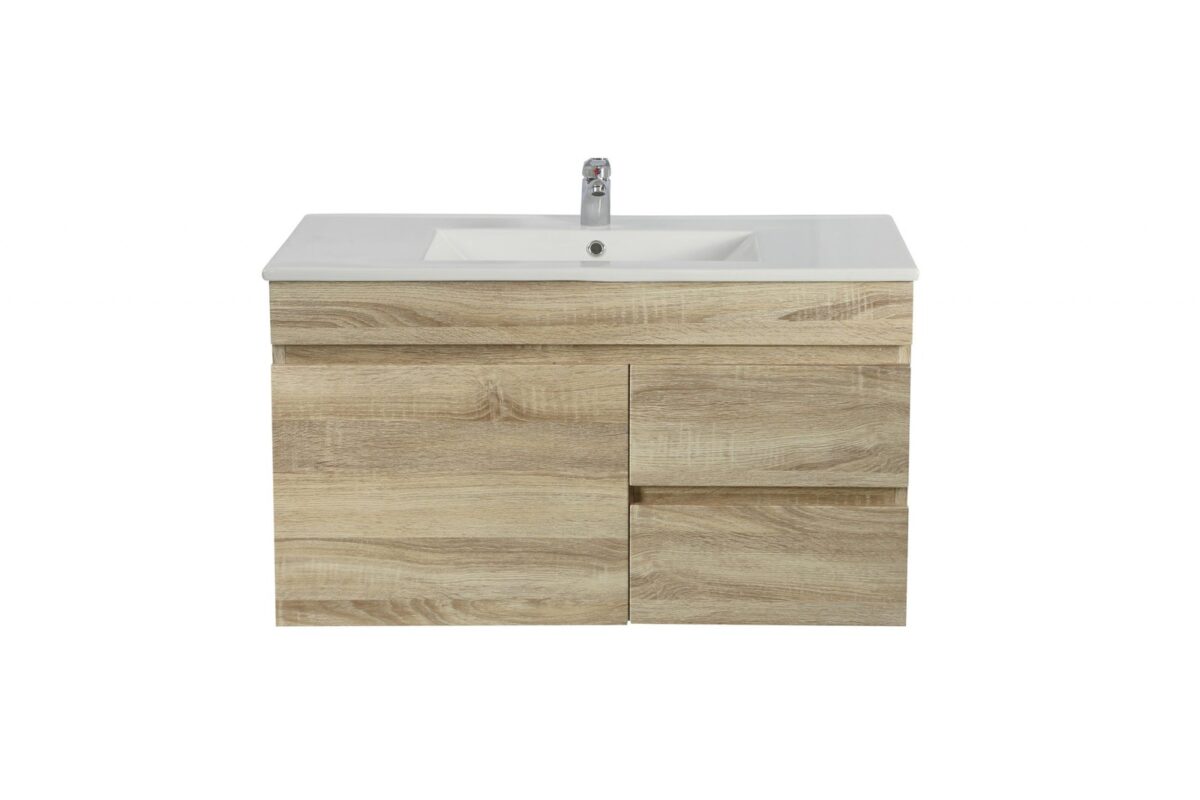 POSEIDON B73RW-WO BERGE SLIM MDF WALL HUNG VANITY RIGHT SIDE DRAWERS 740*500*350 WHITE OAK - Urban Designs Bathroom and Kitchen