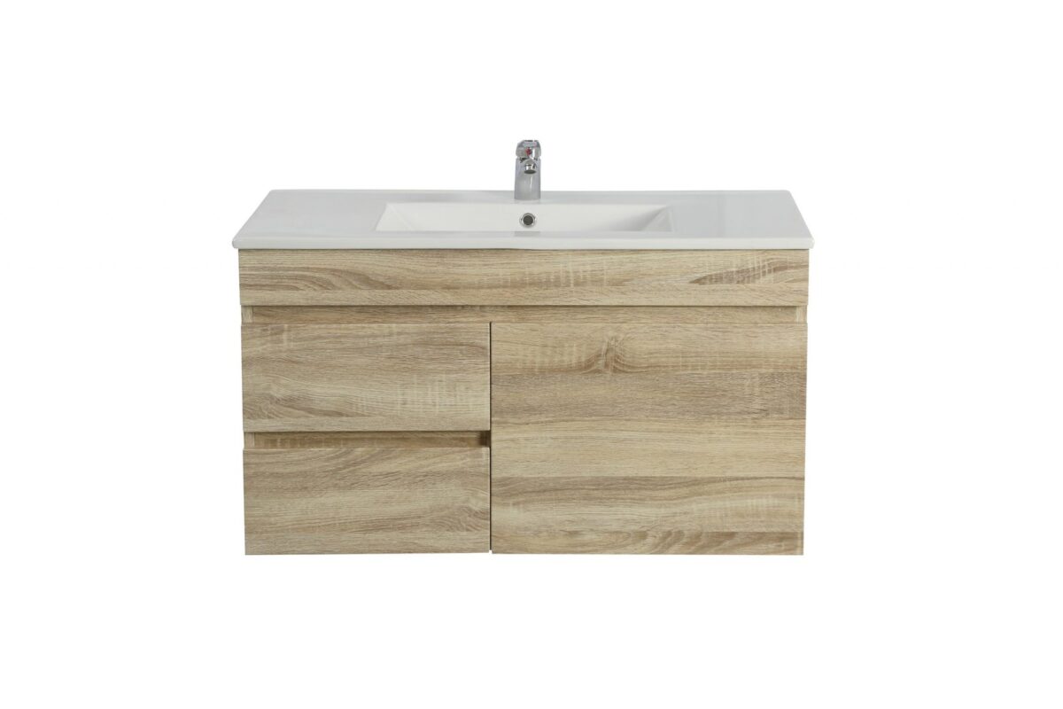 POSEIDON B74LW-WO BERGE MDF WALL HUNG VANITY LEFT SIDE DRAWERS 740*500*450MM WHITE OAK - Urban Designs Bathroom and Kitchen