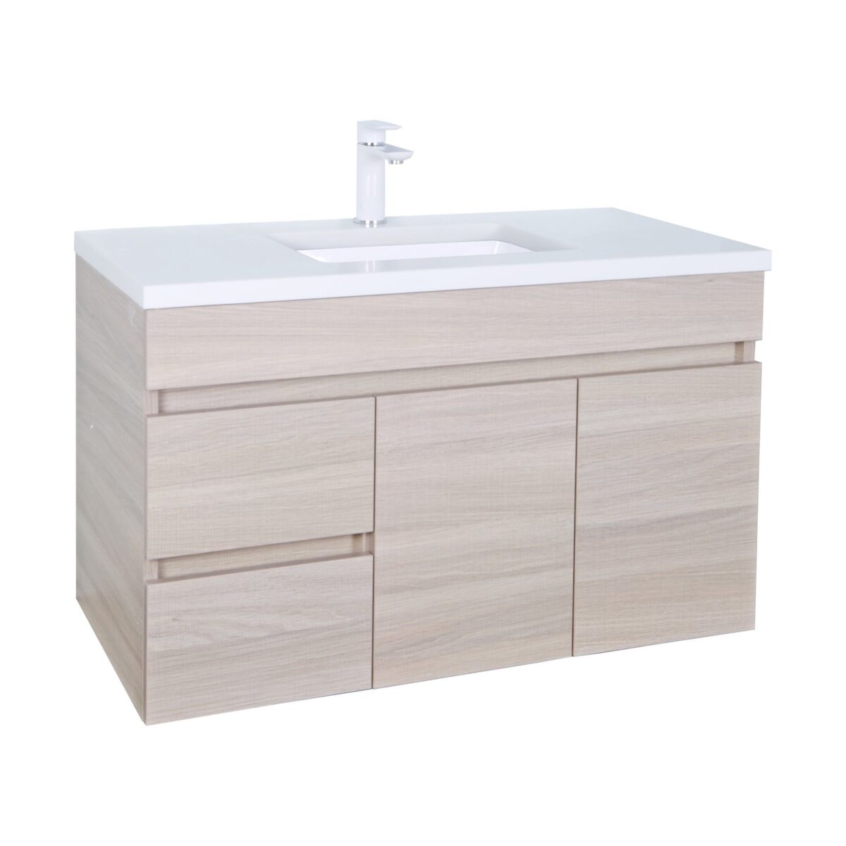 POSEIDON EV94LWH-OAK EVIE PVC WALL HUNG VANITY LEFT SIDE DRAWERS OAK - Urban Designs Bathroom and Kitchen
