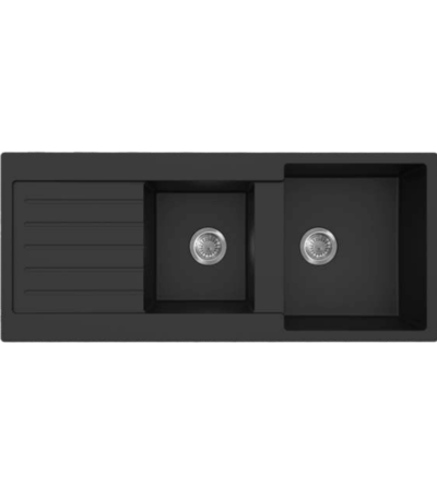 Quartz Top/Undermount Kitchen Sink - Double Bowl With Left Drainer - Matt Black - 1160x500x216mm | QKS11650DD-MB