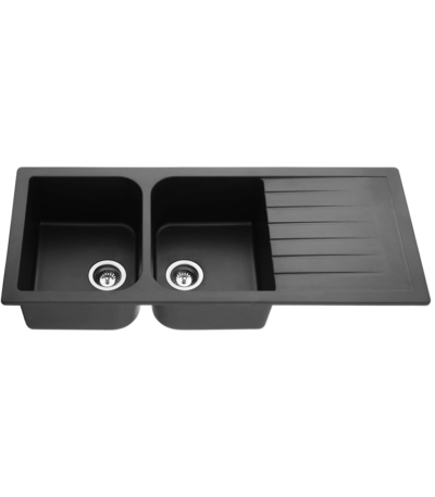 Quartz Top/Undermount Kitchen Sink - Double Bowl With Right Drainer - Matt Black - 1160x500x225mm | QKS1160D-MB