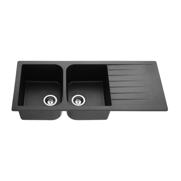 Quartz Top/Undermount Kitchen Sink - Double Bowl With Right Drainer - Matt Black - 1160x500x225mm | QKS1160D-MB