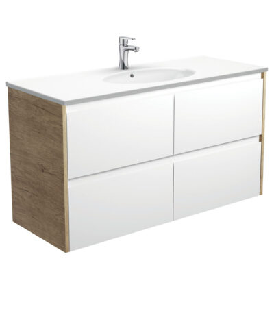 Rotondo Amato 1200 Satin White Wall-Hung Vanity, Scandi Oak Panels