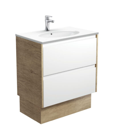 Rotondo Amato 750 Satin White Vanity On Kick, Scandi Oak Panels