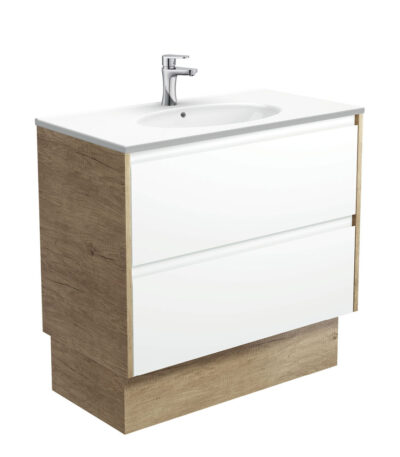 Rotondo Amato 900 Satin White Vanity On Kick, Scandi Oak Panels